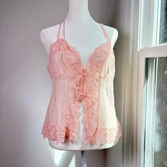 Vintage USA Y2K Babydoll Coquette Mesh Lace Camisole Teddy Chemise Top Peignoir - Picture 3 of 16